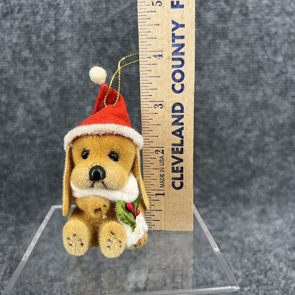 Vintage Christmas Ornament Flocked Brown Puppy Dog In Santa Hat W/Scarf & Holly - Picture 2 of 7